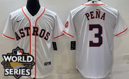 Men's Houston Astros #3 Jeremy Pena White Team Logo 2022 World Series Cool Base Jersey