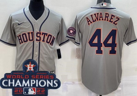 Men's Houston Astros #44 Yordan Alvarez Gray Team Logo 2022 World Series Champions Cool Base Jersey