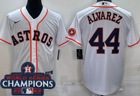 Men's Houston Astros #44 Yordan Alvarez White Team Logo 2022 World Series Champions Cool Base Jersey