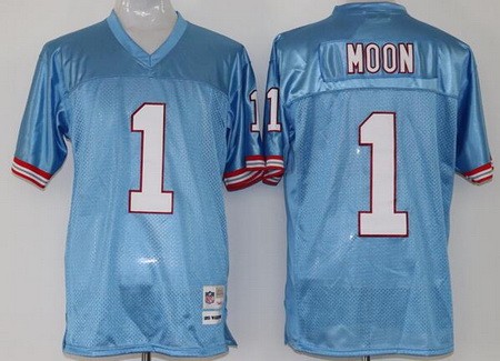 Men's Houston Oilers #1 Warren Moon Light Blue Throwback Jersey