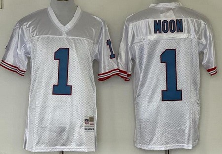 Men's Houston Oilers #1 Warren Moon White Throwback Jersey