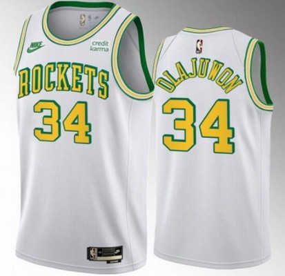 Men's Houston Rockets #34 Hakeem Olajuwon White Classic Icon Hot Press Jersey