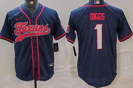 Men's Houston Texans #1 Stefon Diggs Limited Navy Fashion Baseball Jersey