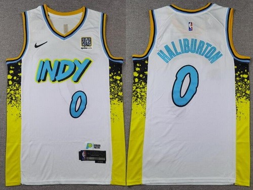 Men's Indiana Pacers #0 Tyrese Haliburton White City Sponsor Swingman Jersey