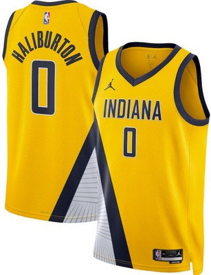 Men's Indiana Pacers #0 Tyrese Haliburton Yellow Statement Heat Press Jersey