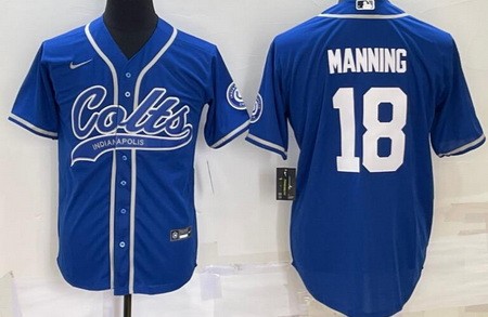 Men's Indianapolis Colts #18 Peyton Manning Blue Baseball Jersey