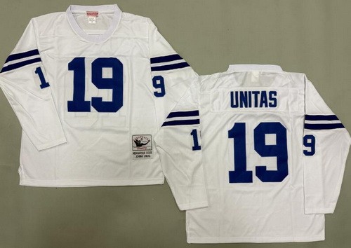 Men's Indianapolis Colts #19 Johnny Unitas White Long Sleeves Throwback Jersey