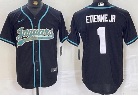 Men's Jacksonville Jaguars #1 Travis Etienne Jr Limited Black Fashion Baseball Jersey