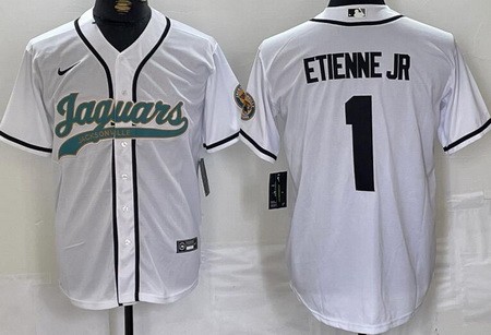 Men's Jacksonville Jaguars #1 Travis Etienne Jr Limited White Fashion Baseball Jersey