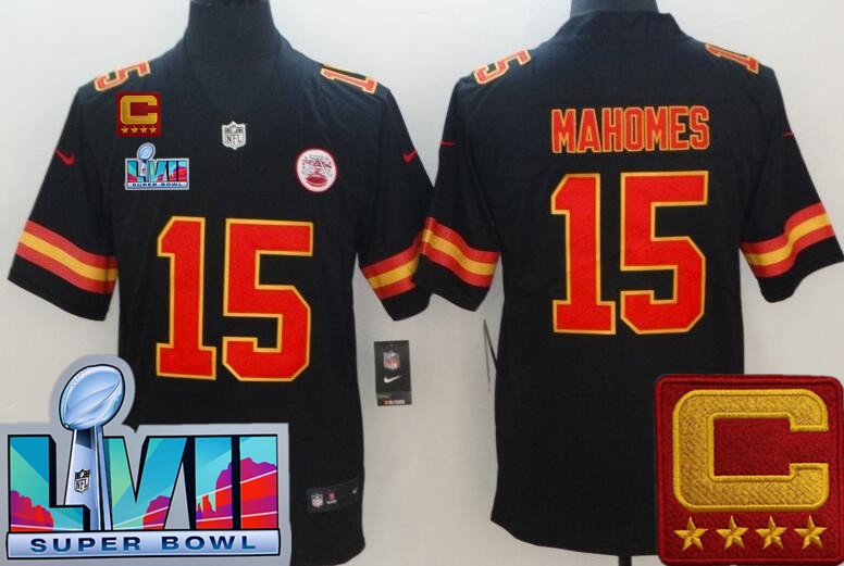 Men's Kansas City Chiefs #15 Patrick Mahomes II Limited Black C Patch Super Bowl LVII Vapor Jersey