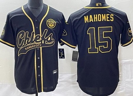 Men's Kansas City Chiefs #15 Patrick Mahomes II Limited Black Gold Baseball Jersey