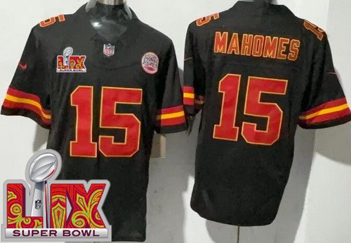 Men's Kansas City Chiefs #15 Patrick Mahomes Limited Black Super Bowl LIX FUSE Vapor Jersey