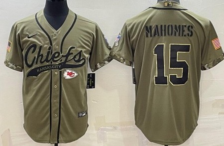 Men's Kansas City Chiefs #15 Patrick Mahomes Limited Olive 2022 Salute To Service Baseball Jersey