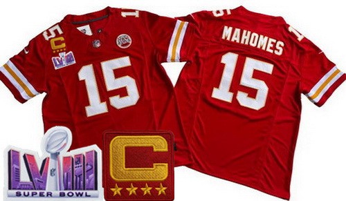 Men's Kansas City Chiefs #15 Patrick Mahomes Limited Red C Patch LVIII Super Bowl FUSE Vapor Jersey
