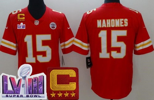 Men's Kansas City Chiefs #15 Patrick Mahomes Limited Red C Patch LVIII Super Bowl Vapor Jersey