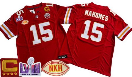 Men's Kansas City Chiefs #15 Patrick Mahomes Limited Red NKH C Patch LVIII Super Bowl FUSE Vapor Jersey