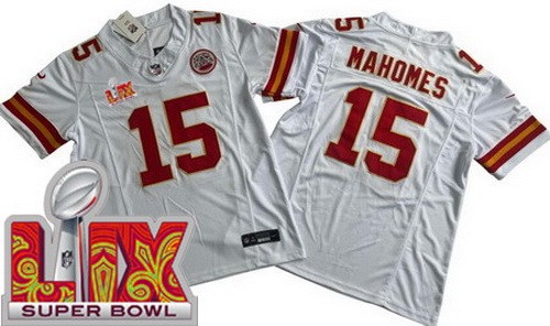 Men's Kansas City Chiefs #15 Patrick Mahomes Limited White Super Bowl LIX FUSE Vapor Jersey