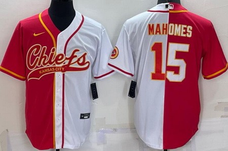Men's Kansas City Chiefs #15 Patrick Mahomes Red White Split Baseball Jersey