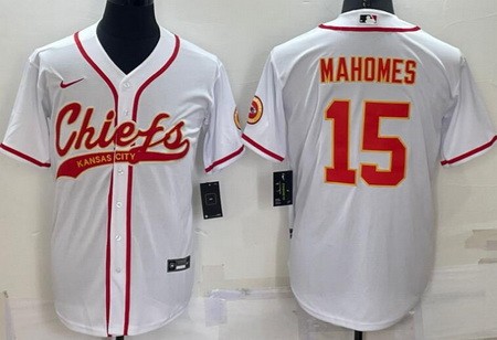 Men's Kansas City Chiefs #15 Patrick Mahomes White Baseball Jersey