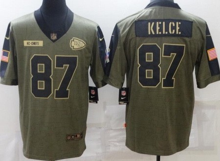 Men's Kansas City Chiefs #87 Travis Kelce Limited Olive 2021 Salute To Service Jersey