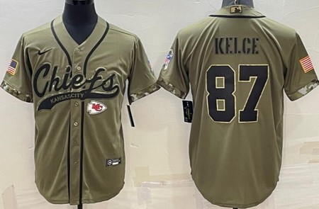 Men's Kansas City Chiefs #87 Travis Kelce Limited Olive 2022 Salute To Service Baseball Jersey