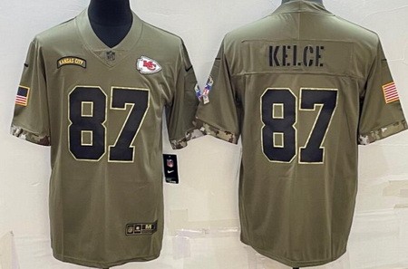 Men's Kansas City Chiefs #87 Travis Kelce Limited Olive 2022 Salute To Service Jersey