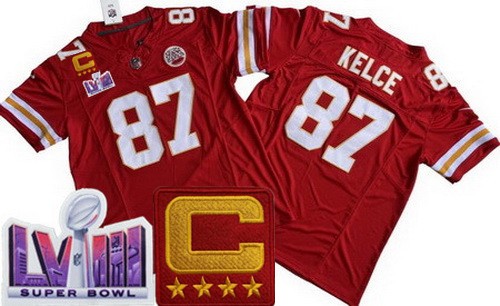Men's Kansas City Chiefs #87 Travis Kelce Limited Red C Patch LVIII Super Bowl FUSE Vapor Jersey