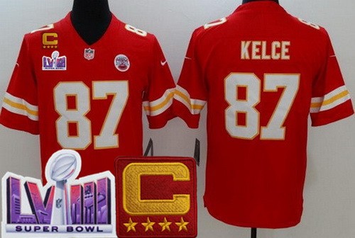 Men's Kansas City Chiefs #87 Travis Kelce Limited Red C Patch LVIII Super Bowl Vapor Jersey