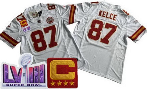 Men's Kansas City Chiefs #87 Travis Kelce Limited White C Patch LVIII Super Bowl FUSE Vapor Jersey