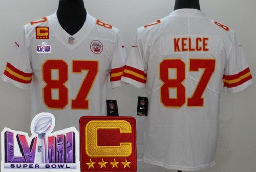 Men's Kansas City Chiefs #87 Travis Kelce Limited White C Patch LVIII Super Bowl Vapor Jersey