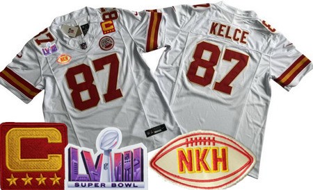 Men's Kansas City Chiefs #87 Travis Kelce Limited White NKH C Patch LVIII Super Bowl FUSE Vapor Jersey