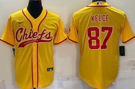 Men's Kansas City Chiefs #87 Travis Kelce Yellow Baseball Jersey