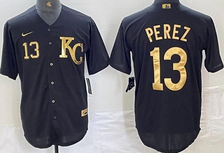 Men's Kansas City Royals #13 Salvador Perez Black Gold Player Number Cool Base Jersey