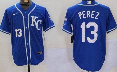 Men's Kansas City Royals #13 Salvador Perez Blue Player Numbe Team Logo Cool Base Jersey