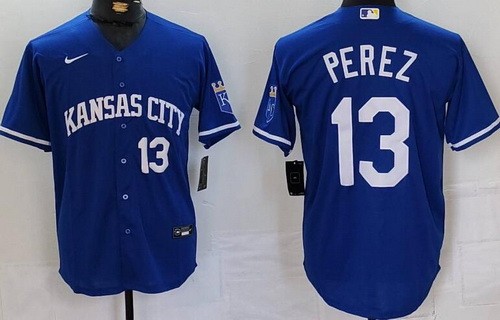 Men's Kansas City Royals #13 Salvador Perez Royal Player Numbe Team Logo Cool Base Jersey