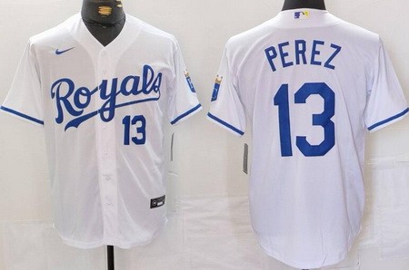Men's Kansas City Royals #13 Salvador Perez White Player Number Team Logo Cool Base Jersey