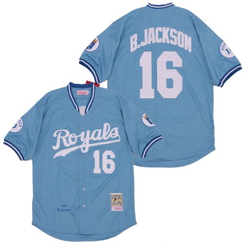Men's Kansas City Royals #16 Bo Jackson Light Blue 1987 Throwback Jersey