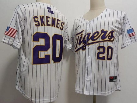 Men's LSU Tigers #20 Paul Skenes White Stripes College Baseball Jersey