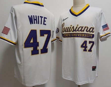 Men's LSU Tigers #47 Tommy White White College Pullover Baseball Jersey