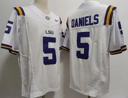 Men's LSU Tigers #5 Jayden Daniels White FUSE College Football Jersey