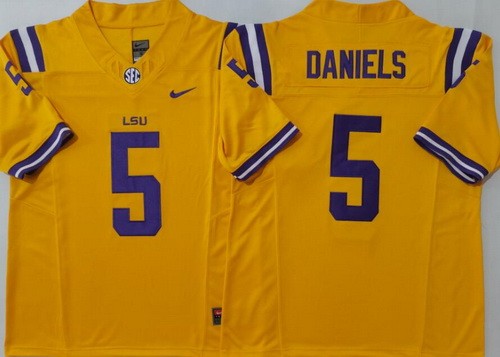 Men's LSU Tigers #5 Jayden Daniels Yellow College Football Jersey