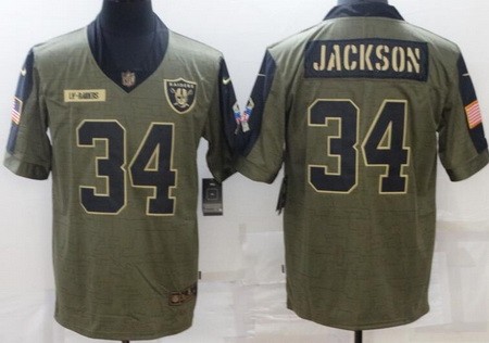 Men's Las Vegas Raiders #34 Bo Jackson Limited Olive 2021 Salute To Service Jersey
