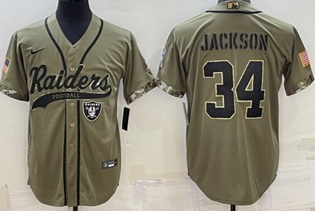 Men's Las Vegas Raiders #34 Bo Jackson Limited Olive 2022 Salute To Service Baseball Jersey