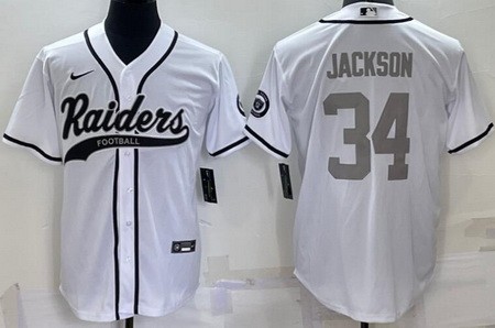 Men's Las Vegas Raiders #34 Bo Jackson White Gray Number Baseball Jersey