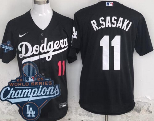 Men's Los Angeles Dodgers #11 Roki Sasaki Black 2025 World Series Champions Cool Base Jersey