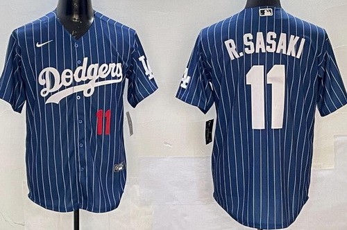 Men's Los Angeles Dodgers #11 Roki Sasaki Blue Stripes Player Number Cool Base Jersey