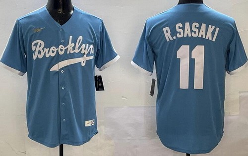 Men's Los Angeles Dodgers #11 Roki Sasaki Light Blue Cooperstown Collection Cool Base Jersey