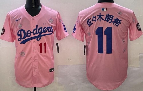 Men's Los Angeles Dodgers #11 Roki Sasaki Pink Japanese 2025 Tokyo Series Limited Jersey