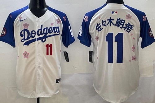 Men's Los Angeles Dodgers #11 Roki Sasaki White Blue Japanese 2025 Tokyo Series Limited Jersey