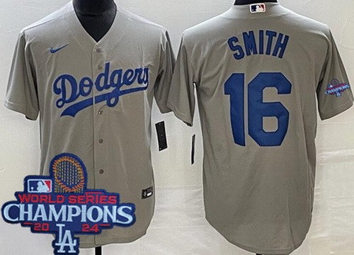 Men's Los Angeles Dodgers #16 Will Smith Gray 2024 World Series Champions Cool Base Jersey